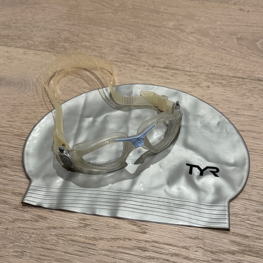 TYR Silver Swim Cap and Aqua Sphere Clear Goggles Set